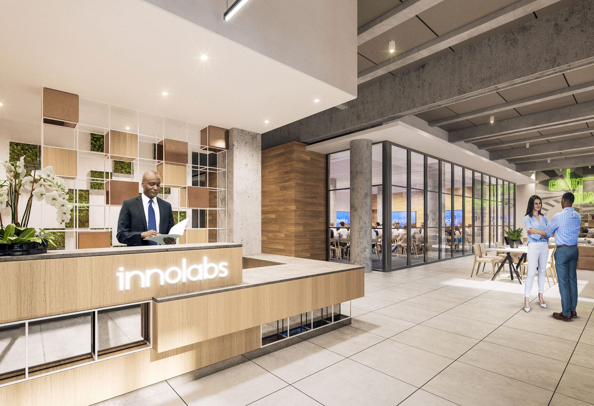 Exterior nighttime sidewalk view of the entrance to Innolabs