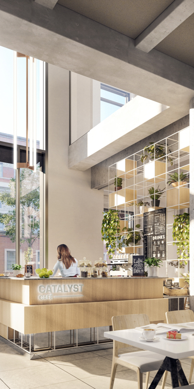 A woman barista makes coffee at the Innolabs coffee bar
